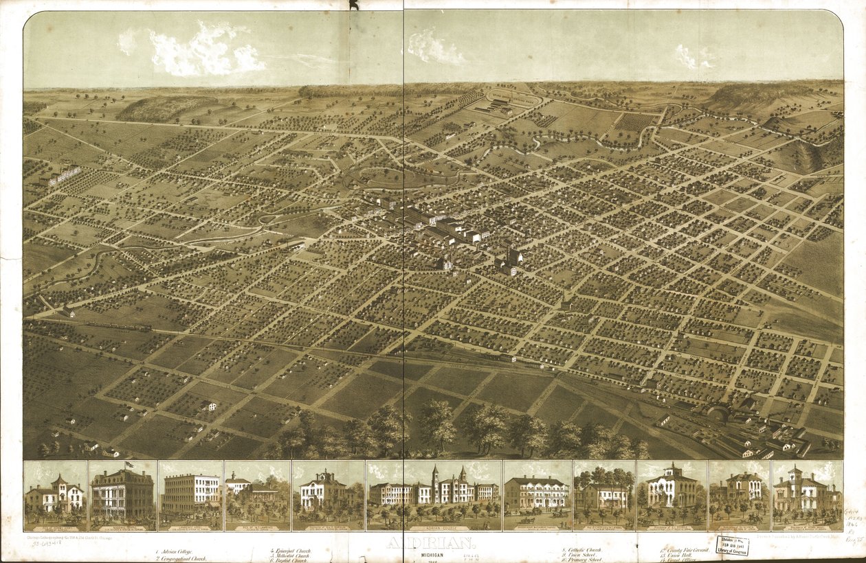 Adrian, Michigan 1866. LOC 73693418 av A.; Chicago Lithographing Co. Ruger