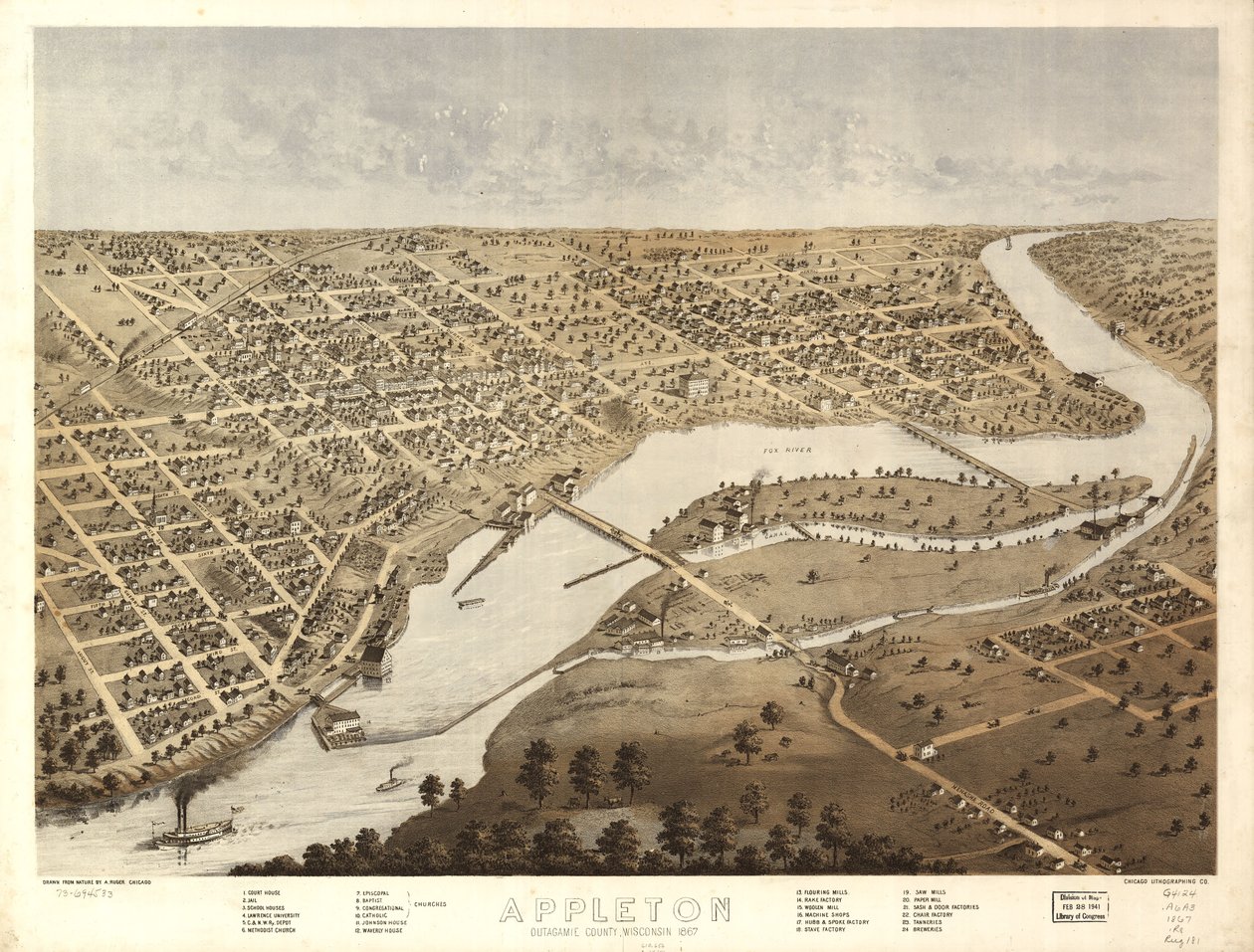 Appleton, Outagamie County, Wisconsin 1867. LOC 73694533 av A.; Chicago Lithographing Co. Ruger