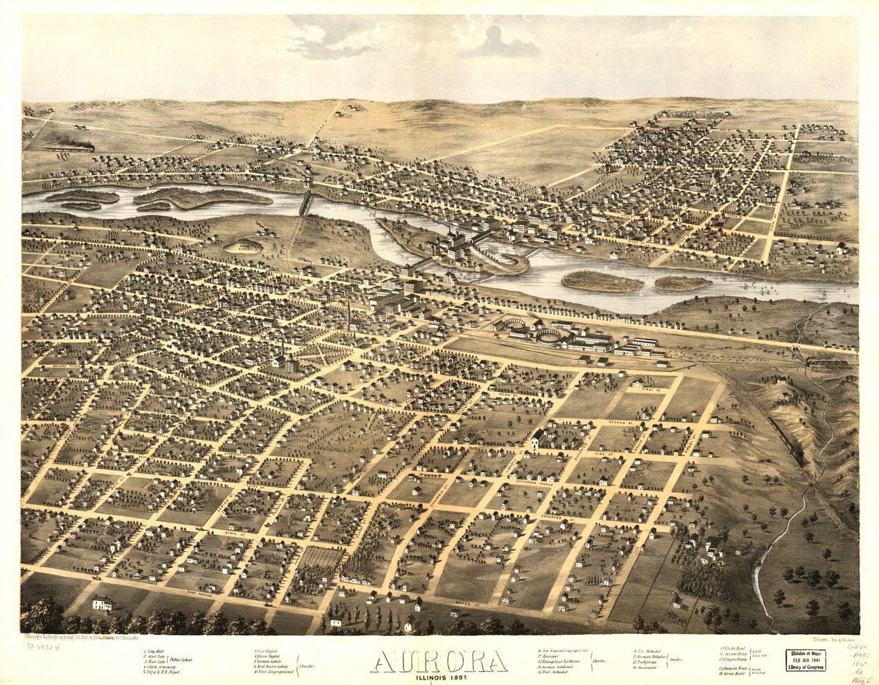 Aurora, Illinois 1867. LOC 73693341 av A.; Chicago Lithographing Co. Ruger