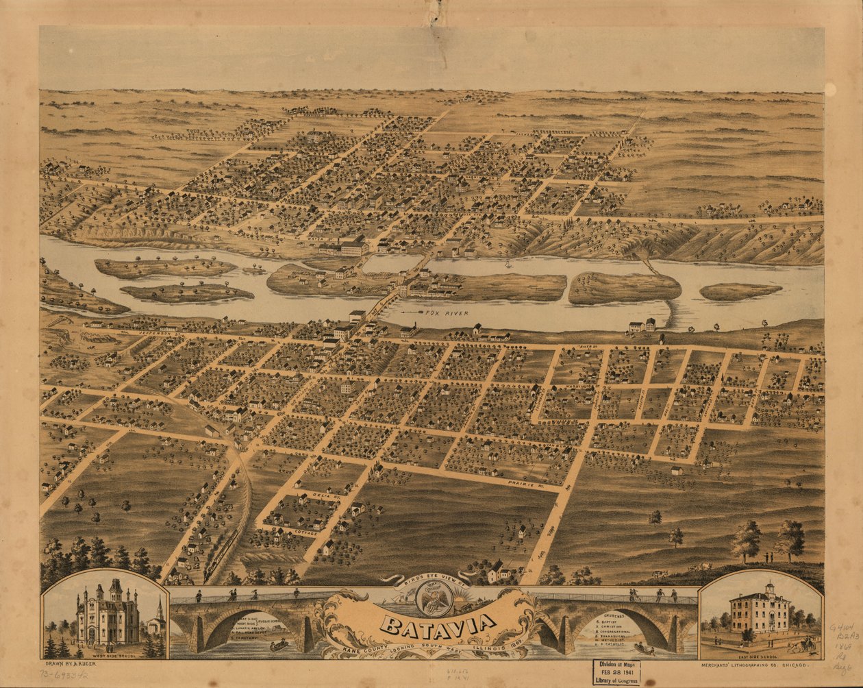 Fågelperspektiv över Batavia, Kane County, Illinois, 1869. LOC 73693342 av A.; Chicago Lithographing Co. Ruger