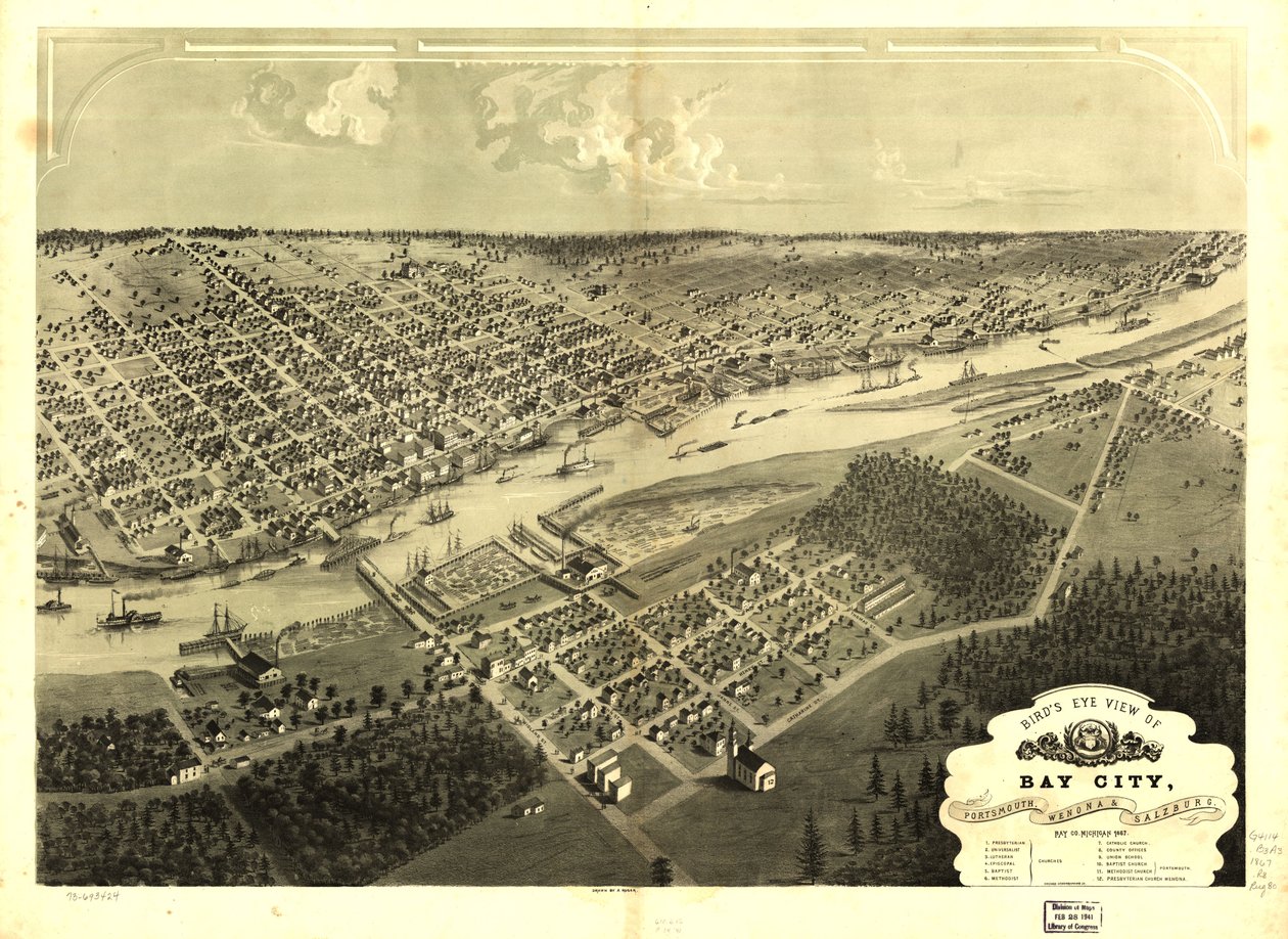 Fågelperspektiv över Bay City, Portsmouth, Wenona  Salzburg, Bay Co, Michigan 1867. LOC 73693424 av A.; Chicago Lithographing Co. Ruger