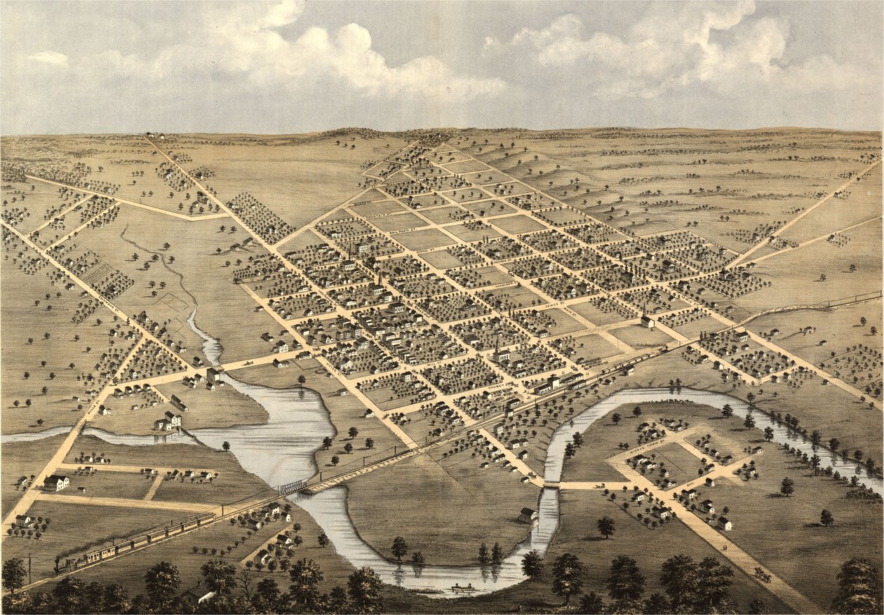 Fågelperspektiv över Columbus, Columbia Co, Wisconsin 1868. LOC 73694538 av A.; Chicago Lithographing Co. Ruger