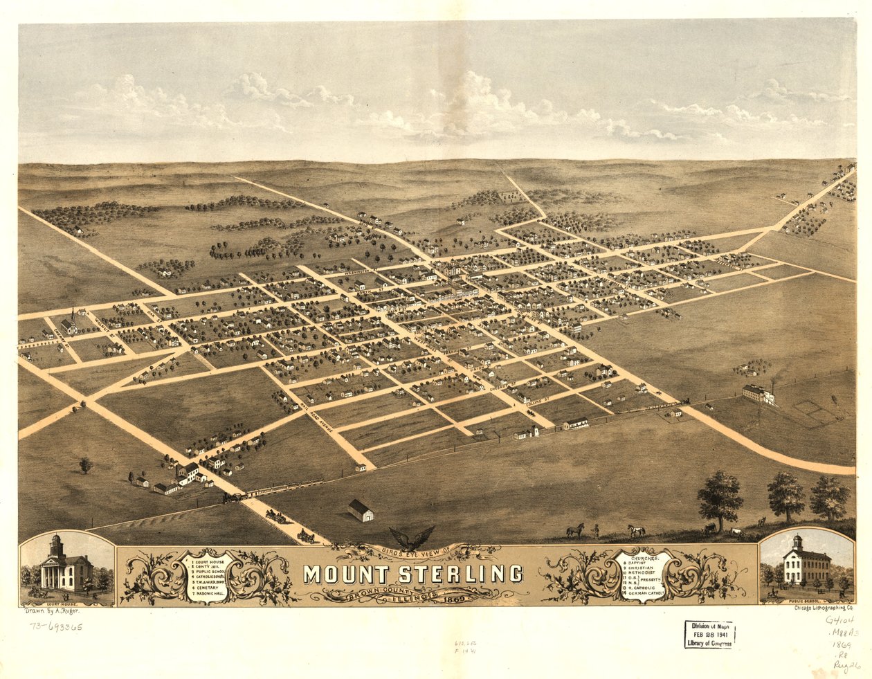 Fågelperspektiv över Mount Sterling, Brown County, Illinois 1869. LOC 73693365 av A.; Chicago Lithographing Co. Ruger