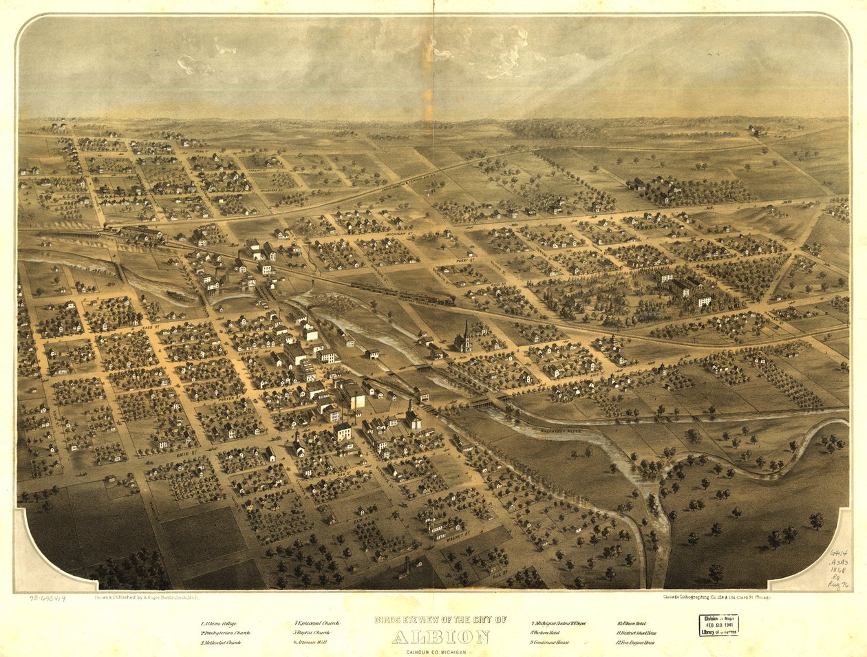 Fågelperspektiv över staden Albion, Calhoun Co, Michigan. LOC 73693419 av A.; Chicago Lithographing Co. Ruger