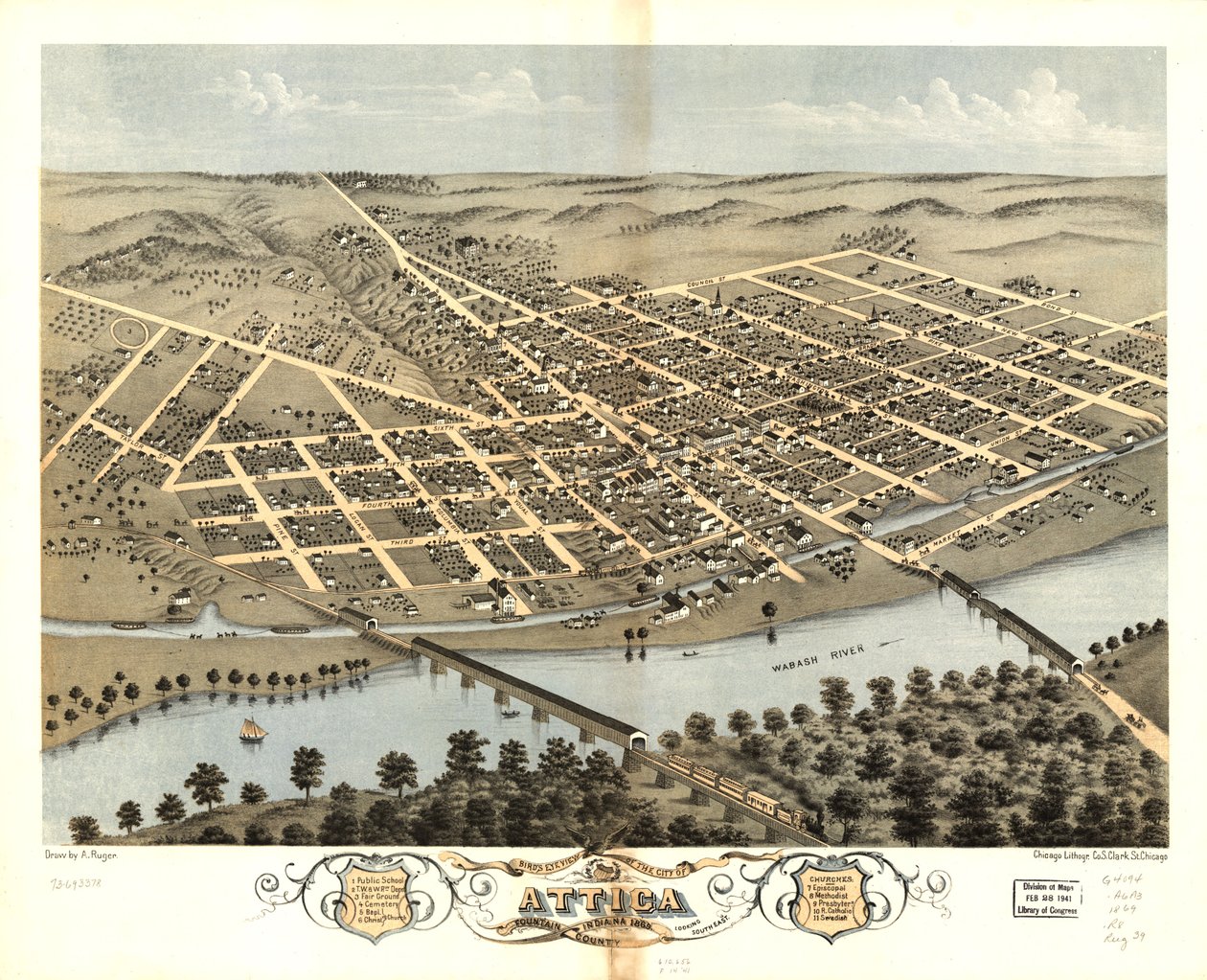 Fågelperspektiv över staden Attica, Fountain County, Indiana 1869. LOC 73693378 av A.; Chicago Lithographing Co. Ruger