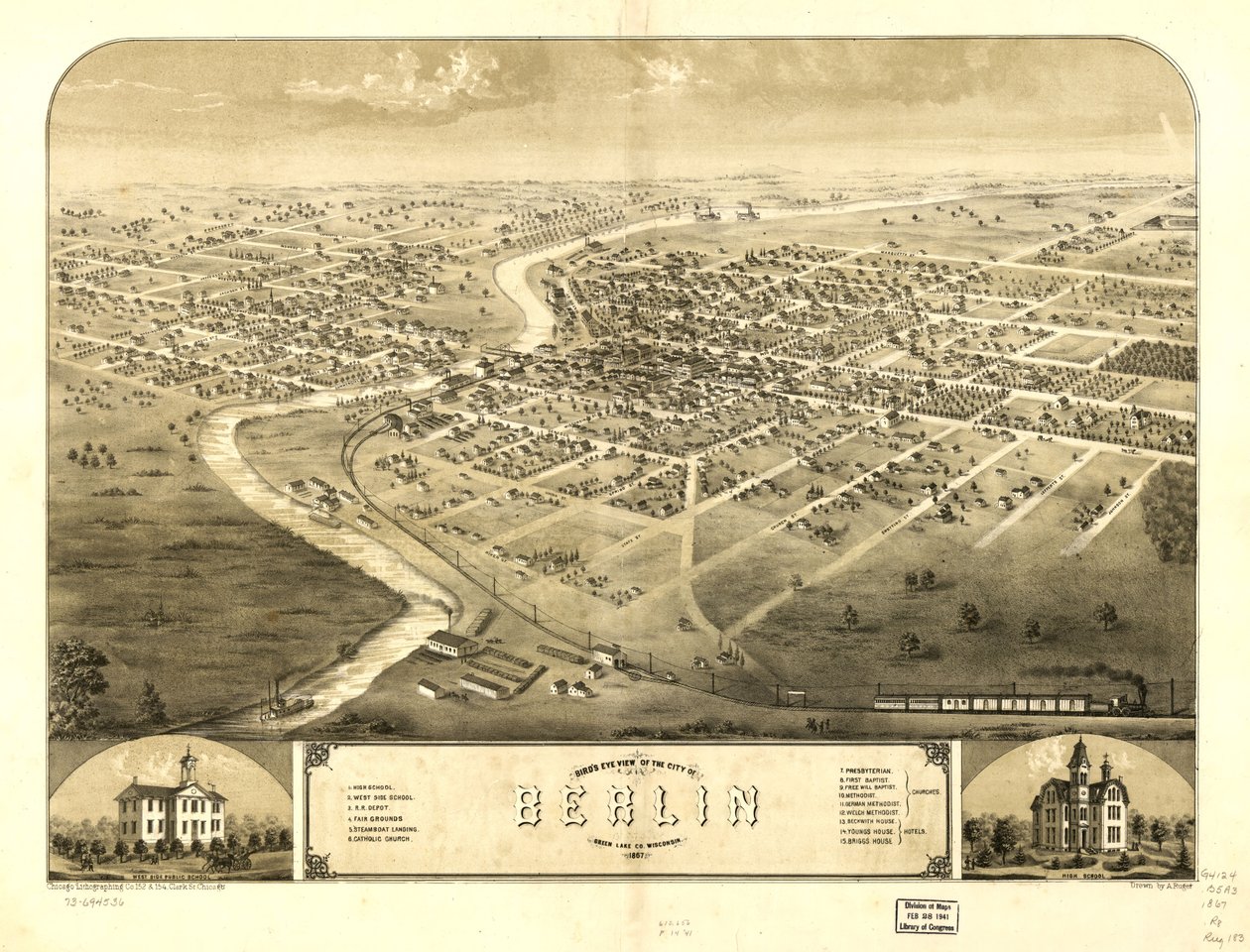 Fågelperspektiv över staden Berlin, Green Lake Co, Wisconsin 1867. LOC 73694536 av A.; Chicago Lithographing Co. Ruger