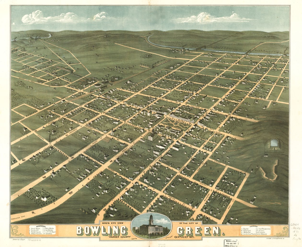 Fågelperspektiv över staden Bowling Green, Warren County, Kentucky 1871. LOC 73693412 av A.; Chicago Lithographing Co. Ruger