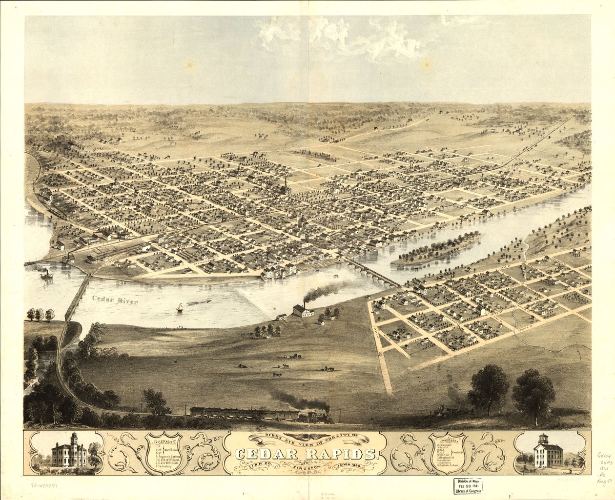 Fågelperspektiv över staden Cedar Rapids och Kingston, Linn Co, Iowa 1868. LOC 73693391 av A.; Chicago Lithographing Co. Ruger