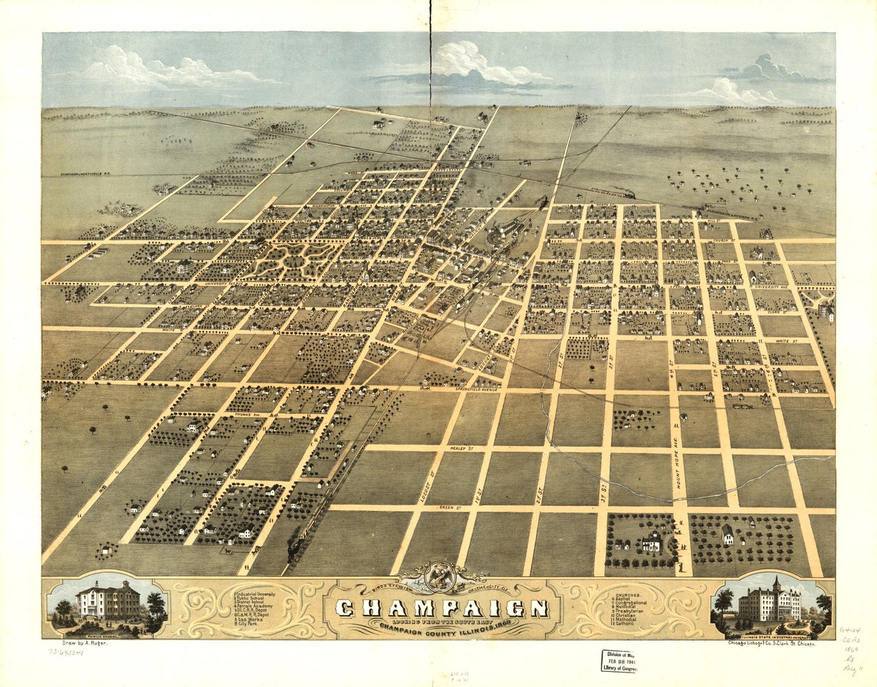 Fågelperspektiv över staden Champaign, Champaign County, Illinois 1869. LOC 73693348 av A.; Chicago Lithographing Co. Ruger