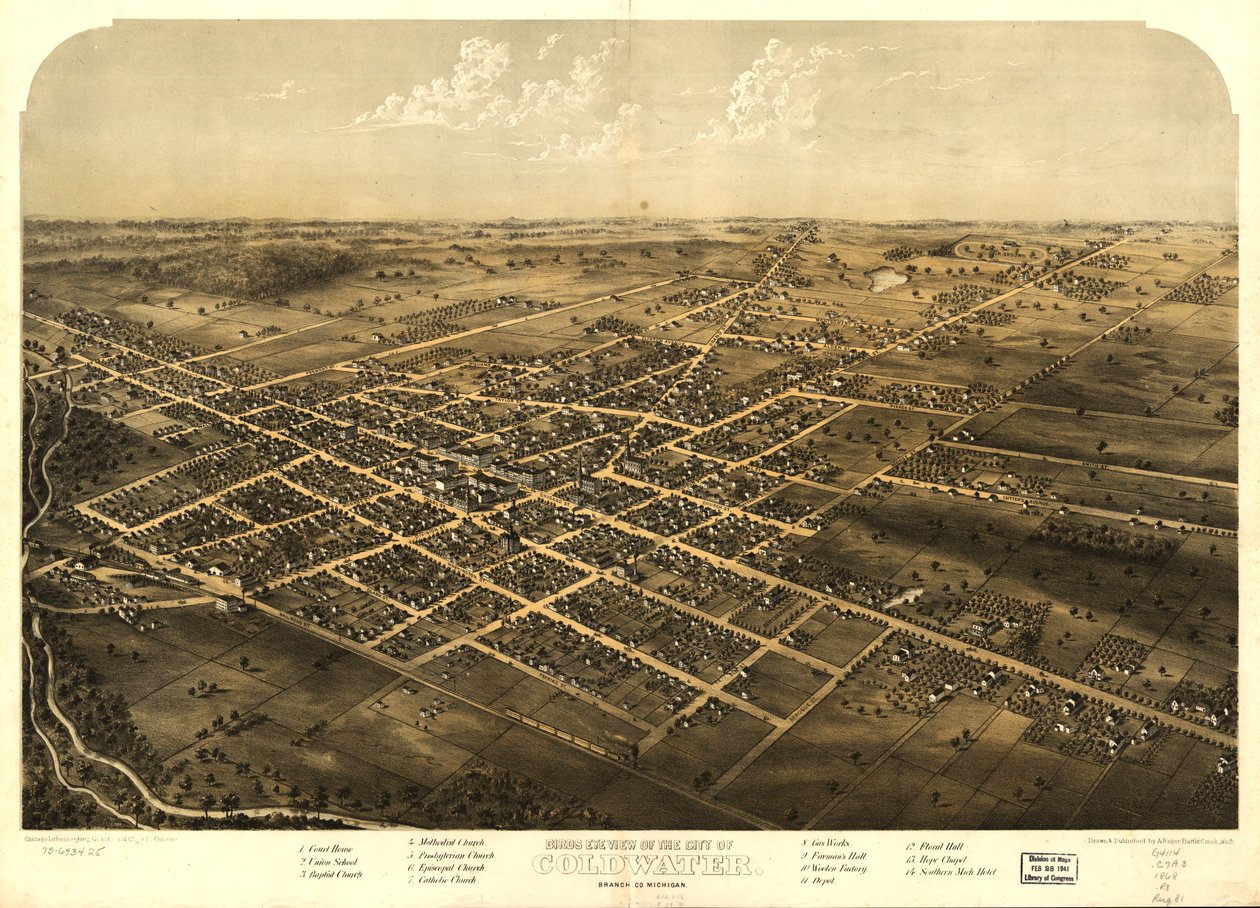 Fågelperspektiv över staden Coldwater, Branch Co, Michigan. LOC 73693425 av A.; Chicago Lithographing Co. Ruger