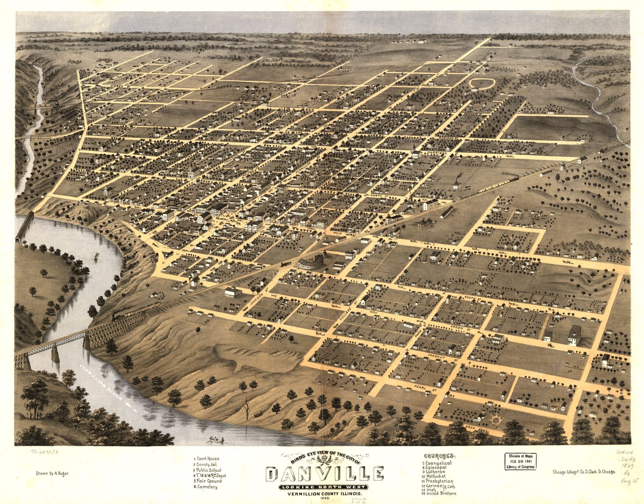Fågelperspektiv över staden Danville, Vermillion County, Illinois 1869. LOC 73693353 av A.; Chicago Lithographing Co. Ruger