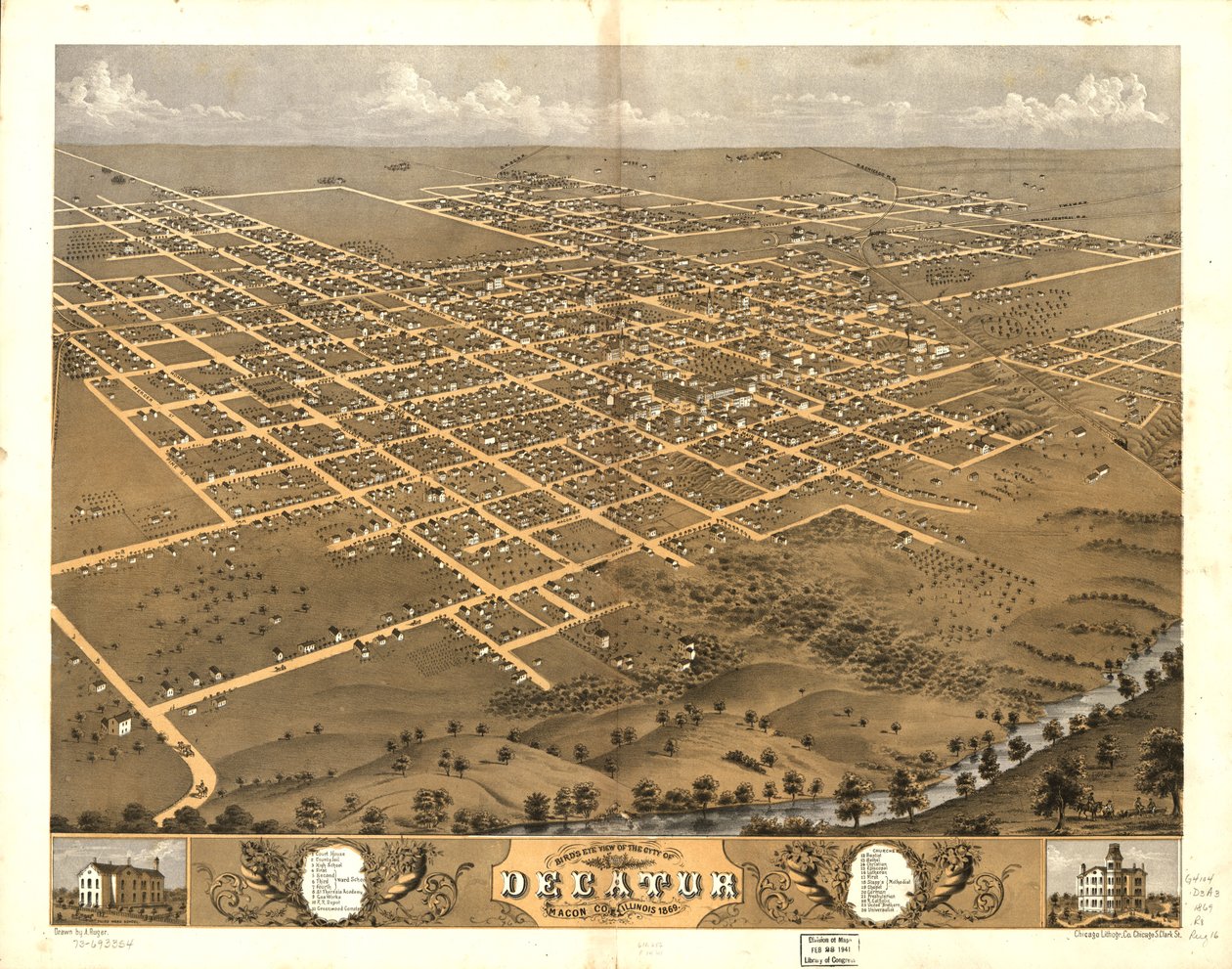 Fågelperspektiv över staden Decatur, Macon Co, Illinois 1869. LOC 73693354 av A.; Chicago Lithographing Co. Ruger