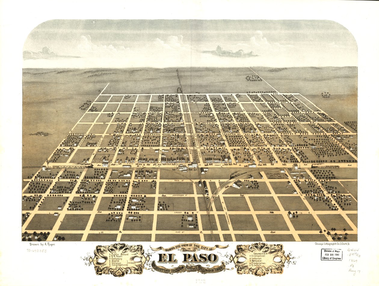 Fågelperspektiv över staden El Paso, Woodford County, Illinois 1869. LOC 73693355 av A.; Chicago Lithographing Co. Ruger