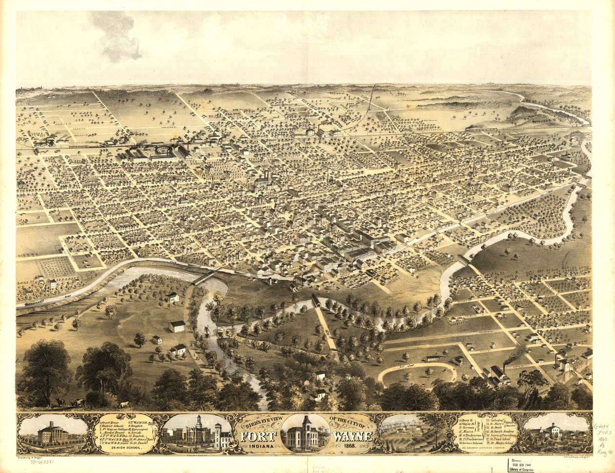 Fågelperspektiv över staden Fort Wayne, Indiana 1868. LOC 73693381 av A.; Chicago Lithographing Co. Ruger
