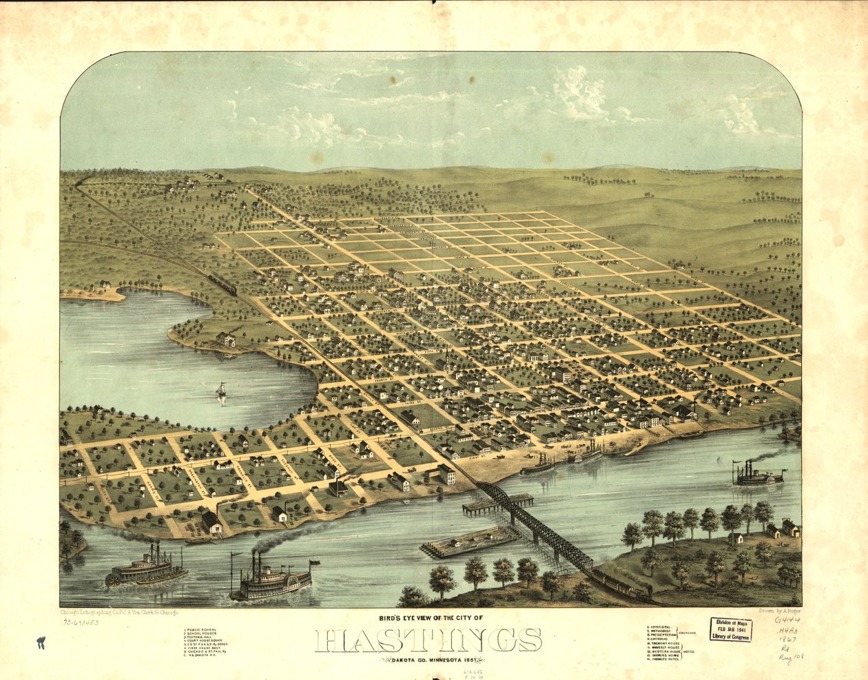 Fågelperspektiv över staden Hastings, Dakota Co, Minnesota 1867. LOC 73693453 av A.; Chicago Lithographing Co. Ruger