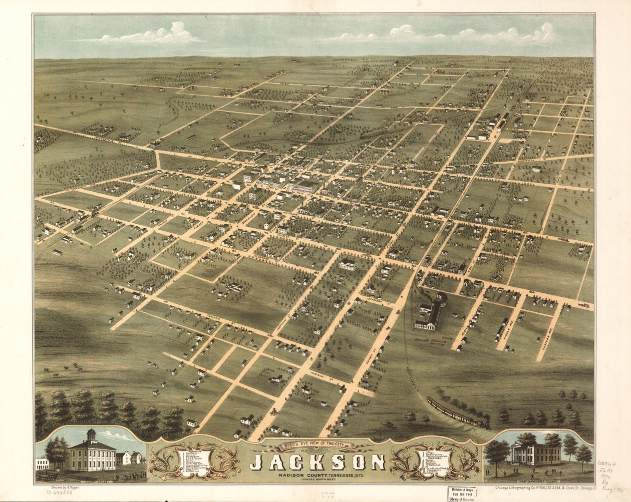 Fågelperspektiv över staden Jackson, Madison County, Tennessee 1870. LOC 73694528 av A.; Chicago Lithographing Co. Ruger