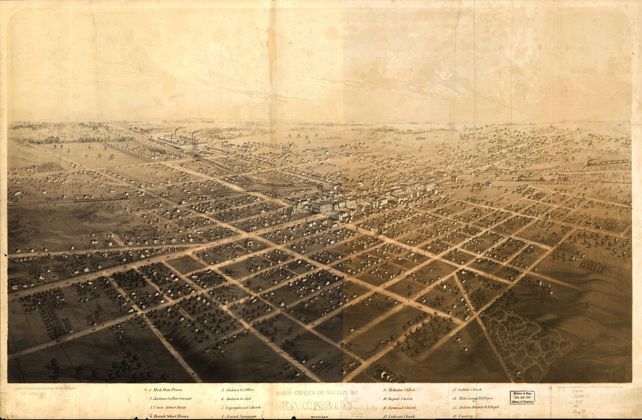 Fågelperspektiv över staden Jackson, Michigan. LOC 73693433 av A.; Chicago Lithographing Co. Ruger