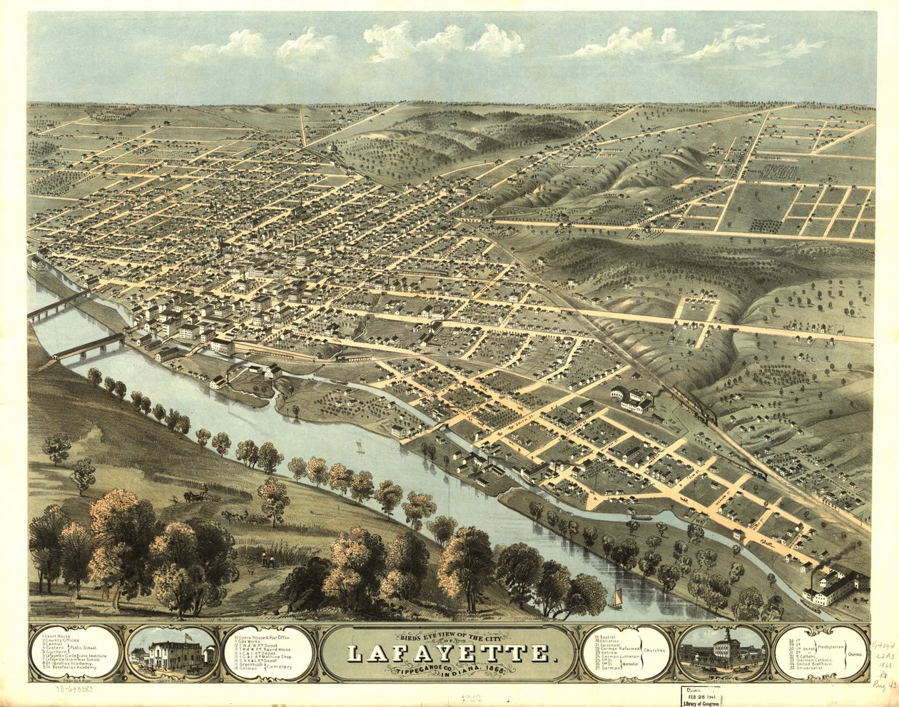 Fågelperspektiv över staden Lafayette, Tippecanoe Co, Indiana 1868. LOC 73693383 av A.; Chicago Lithographing Co. Ruger