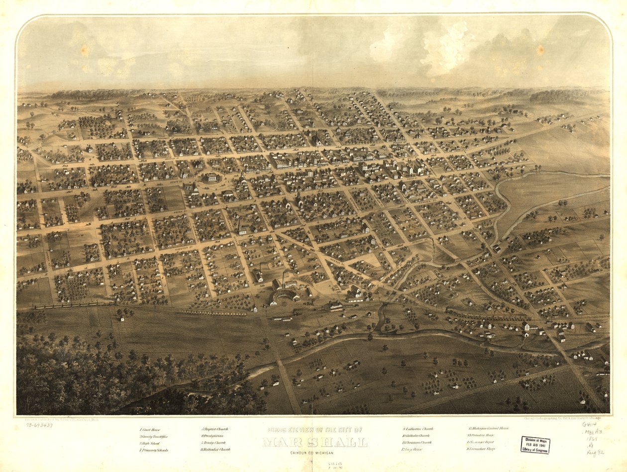 Fågelperspektiv över staden Marshall, Calhoun Co, Michigan. LOC 73693437 av A.; Chicago Lithographing Co. Ruger