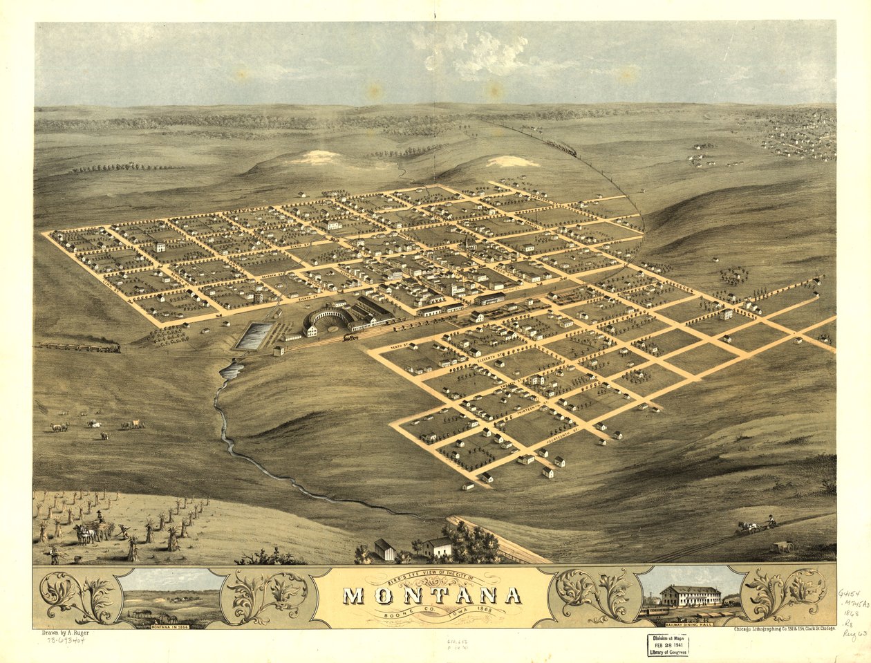 Fågelperspektiv över staden Montana, Boone Co, Iowa 1868. LOC 73693404 av A.; Chicago Lithographing Co. Ruger