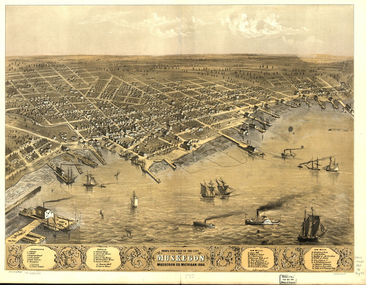 Fågelperspektiv över staden Muskegon, Muskegon Co., Michigan 1868. av A.; Chicago Lithographing Co. Ruger