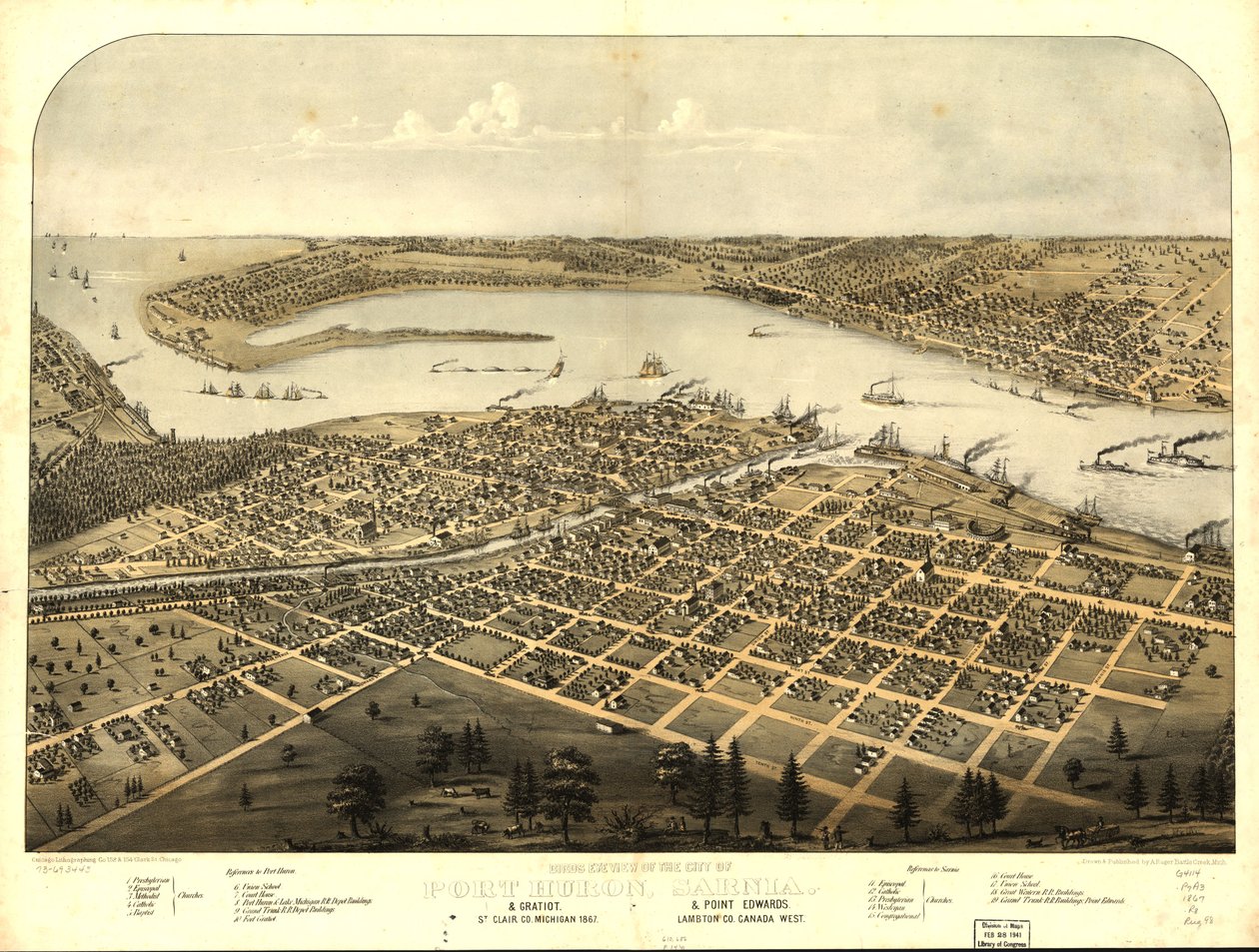 Fågelperspektiv över staden Port Huron, Sarnia  Gratiot, St Clair Co, Michigan 1867  Point Edwards, Lambton Co, Kanada västerut. LOC 73693443 av A.; Chicago Lithographing Co. Ruger