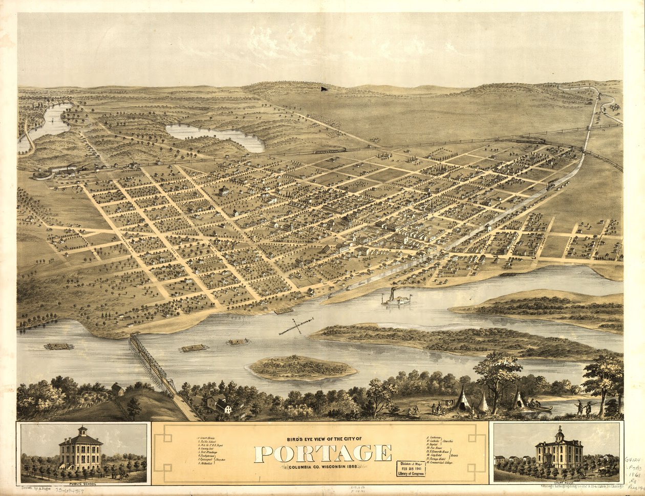 Fågelperspektiv över staden Portage, Columbia Co, Wisconsin 1868. LOC 73694548 av A.; Chicago Lithographing Co. Ruger