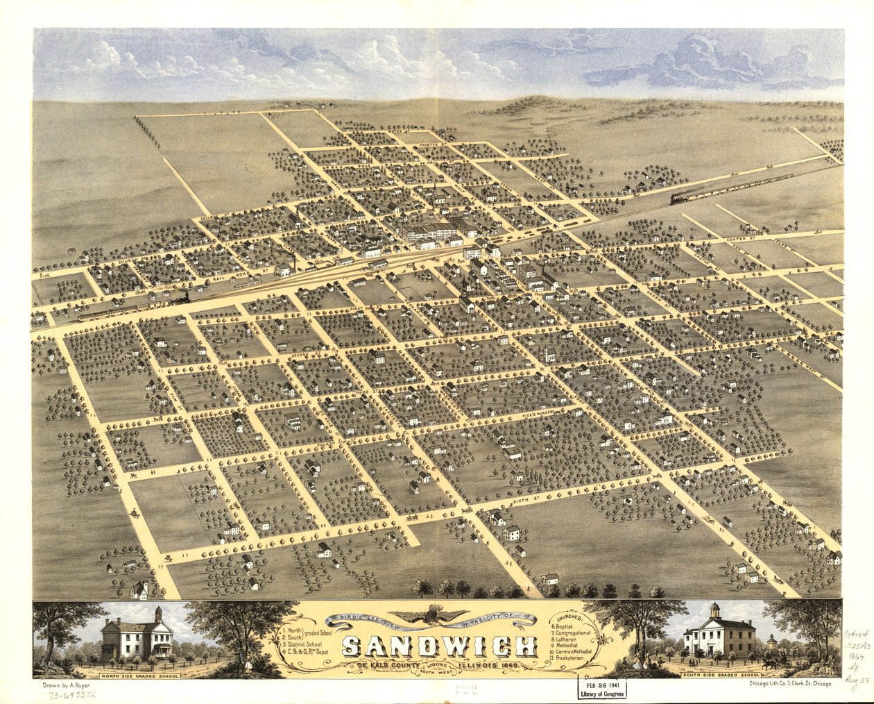 Fågelperspektiv över staden Sandwich, De Kalb County, Illinois 1869. LOC 73693372 av A.; Chicago Lithographing Co. Ruger