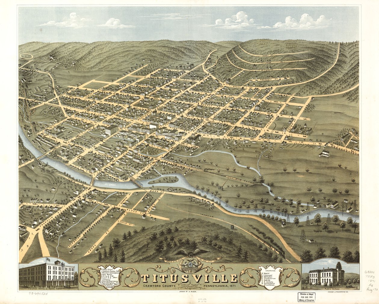 Fågelperspektiv över staden Titusville, Crawford County, Pennsylvania 1871. LOC 73694524 av A.; Chicago Lithographing Co. Ruger