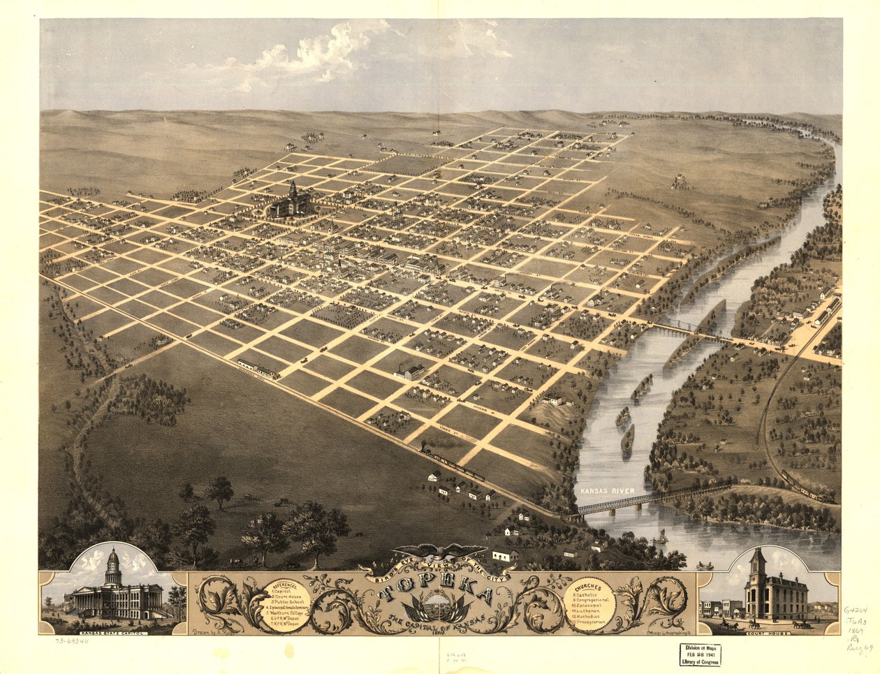 Fågelperspektiv över staden Topeka, huvudstad i Kansas 1869. LOC 73693411 av A.; Chicago Lithographing Co. Ruger