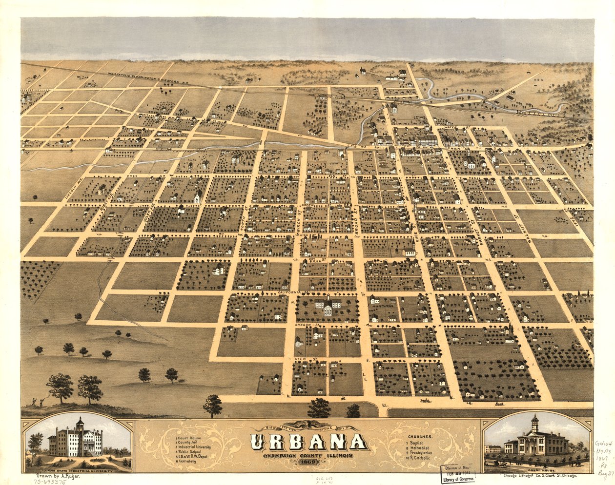 Fågelperspektiv över staden Urbana, Champaign County, Illinois 1869. LOC 73693375 av A.; Chicago Lithographing Co. Ruger