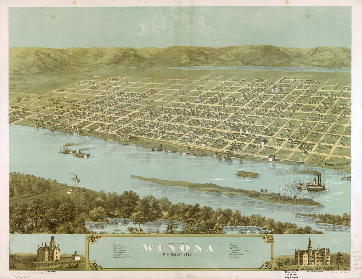 Fågelperspektiv över staden Winona, Minnesota 1867. LOC 73693469 av A.; Chicago Lithographing Co. Ruger