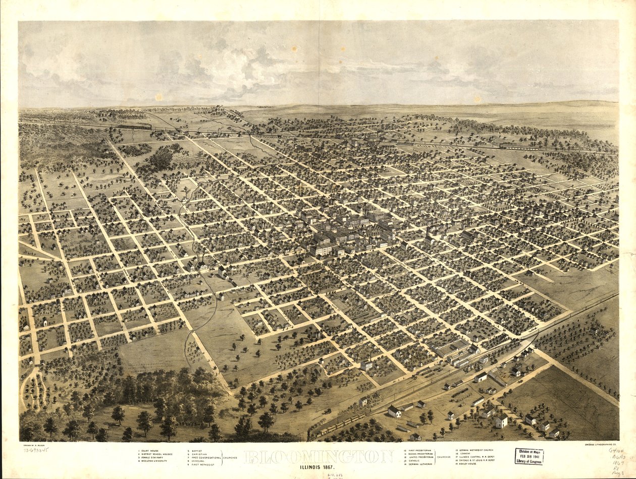 Bloomington, Illinois 1867. LOC 73693345 av A.; Chicago Lithographing Co. Ruger