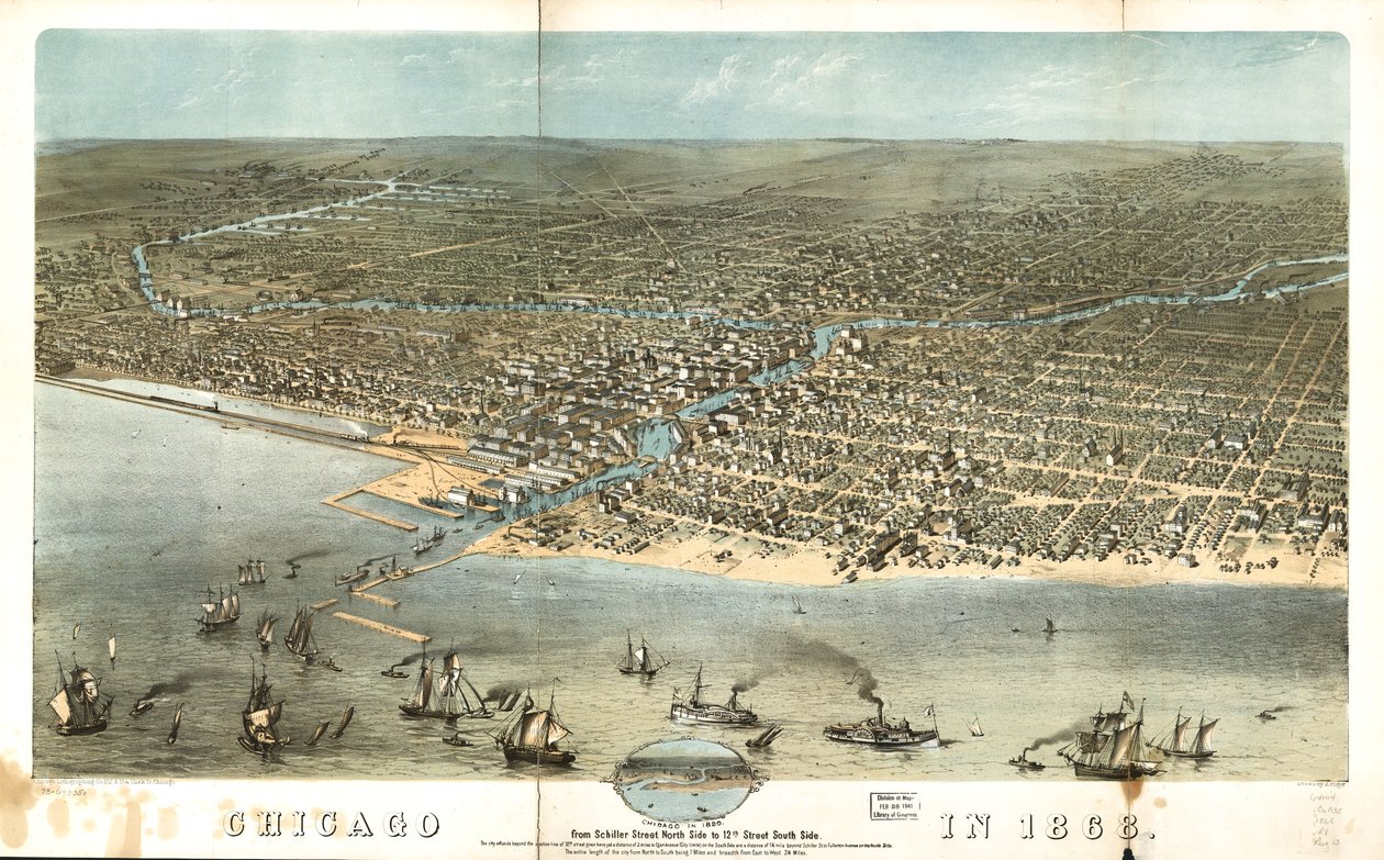 Chicago 1868 från Schiller Street norra sidan till 12th Street södra sidan. LOC 73693350 av A.; Chicago Lithographing Co. Ruger