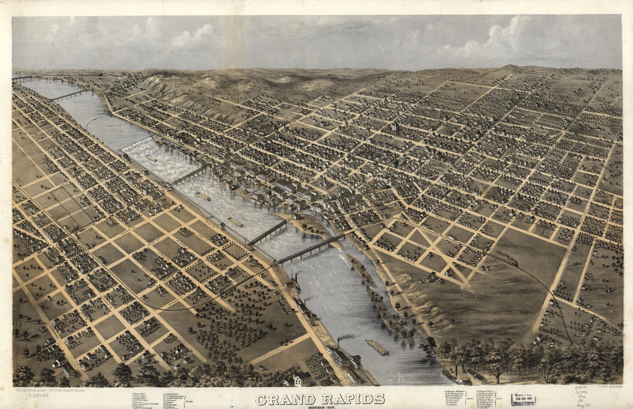 Grand Rapids, Michigan 1868. LOC 73693428 av A.; Chicago Lithographing Co. Ruger