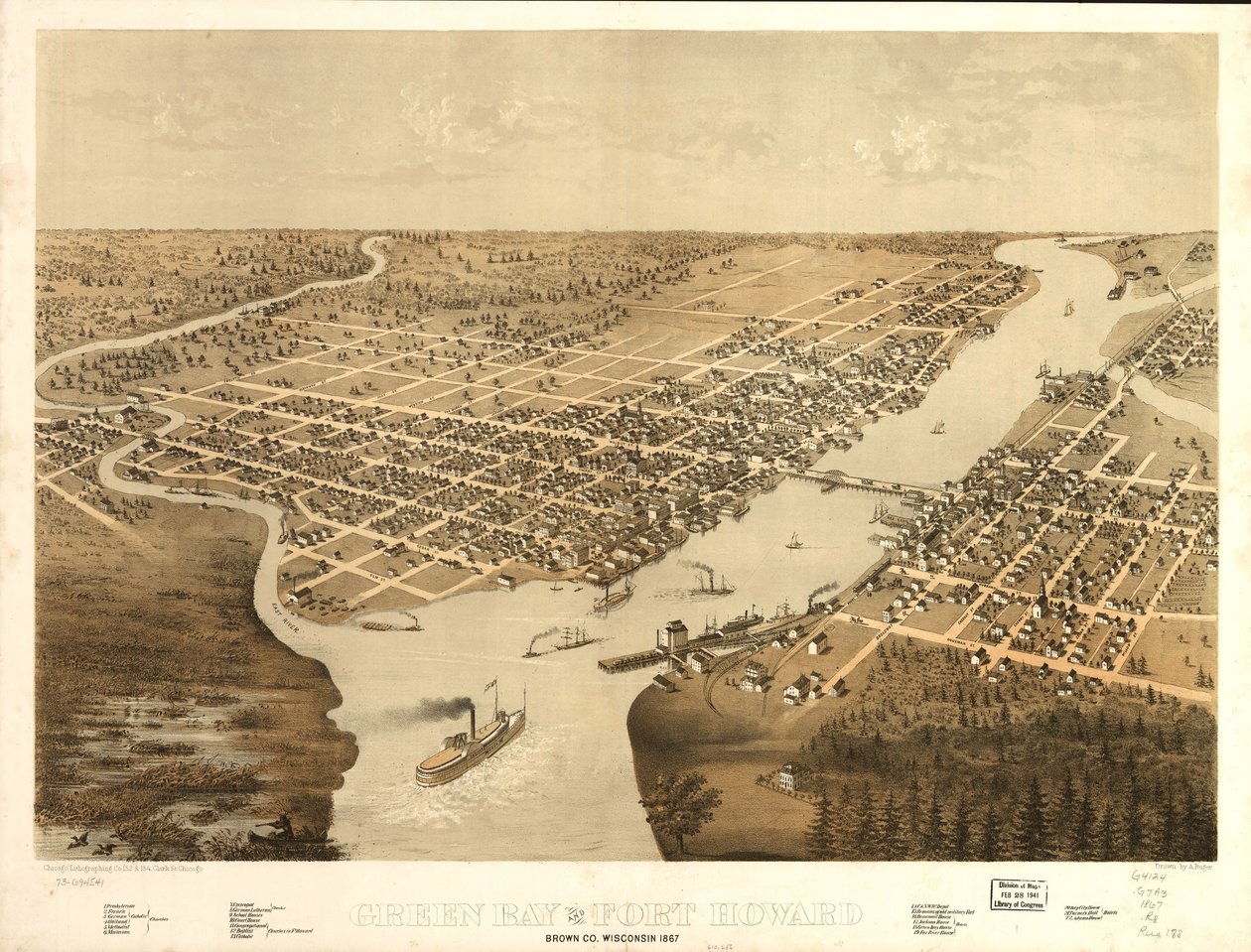 Green Bay och Fort Howard, Brown Co., Wisconsin 1867. LOC 73694541 av A.; Chicago Lithographing Co. Ruger
