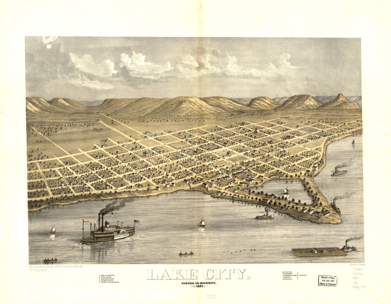 Lake City, Wabasha Co, Minnesota 1867. LOC 73693454 av A.; Chicago Lithographing Co. Ruger