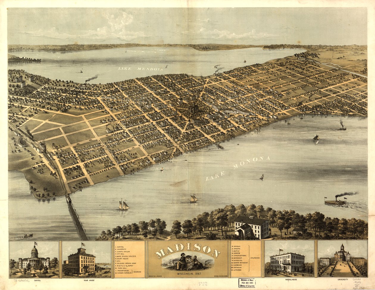 Madison, Wisconsin 1867. LOC 73694546 av A.; Chicago Lithographing Co. Ruger