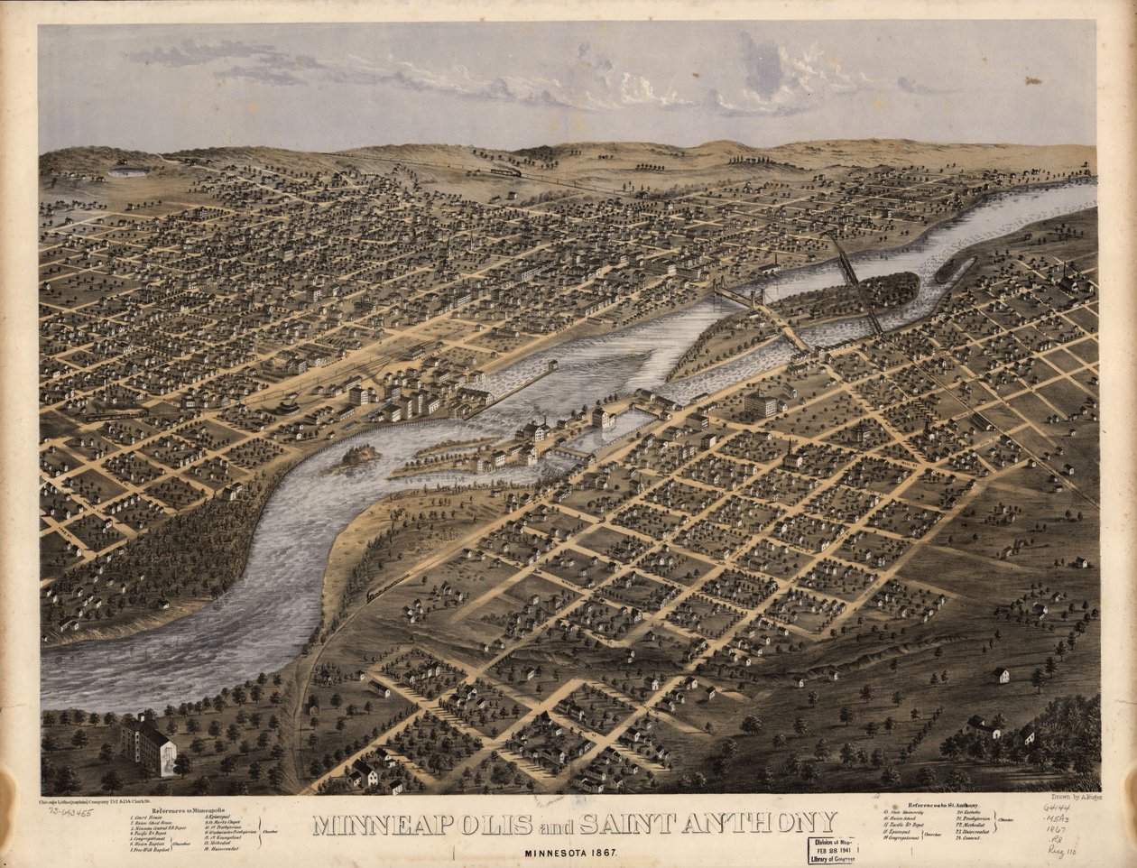 Minneapolis och Saint Anthony, Minnesota 1867. LOC 73693455 av A.; Chicago Lithographing Co. Ruger
