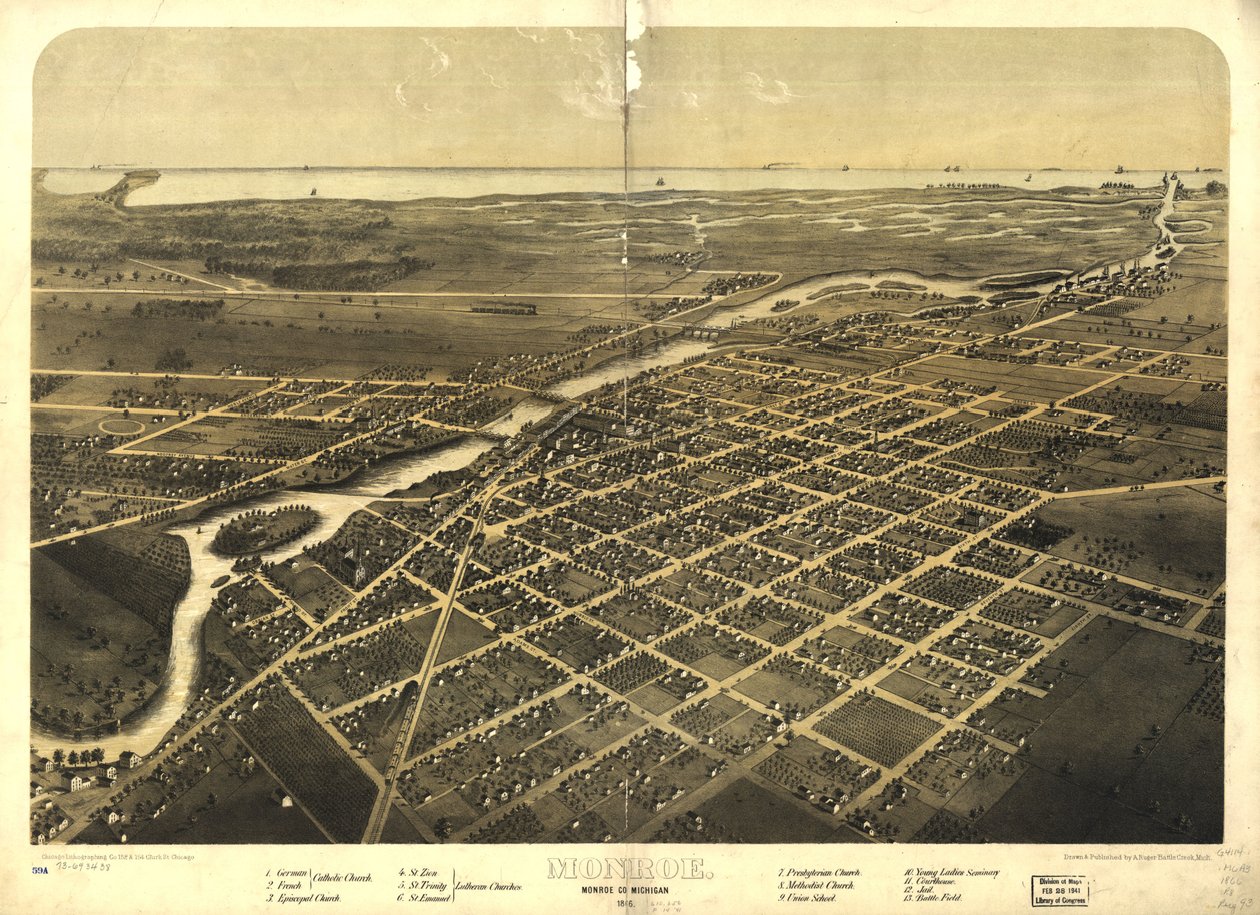 Monroe, Monroe Co, Michigan 1866. LOC 73693438 av A.; Chicago Lithographing Co. Ruger