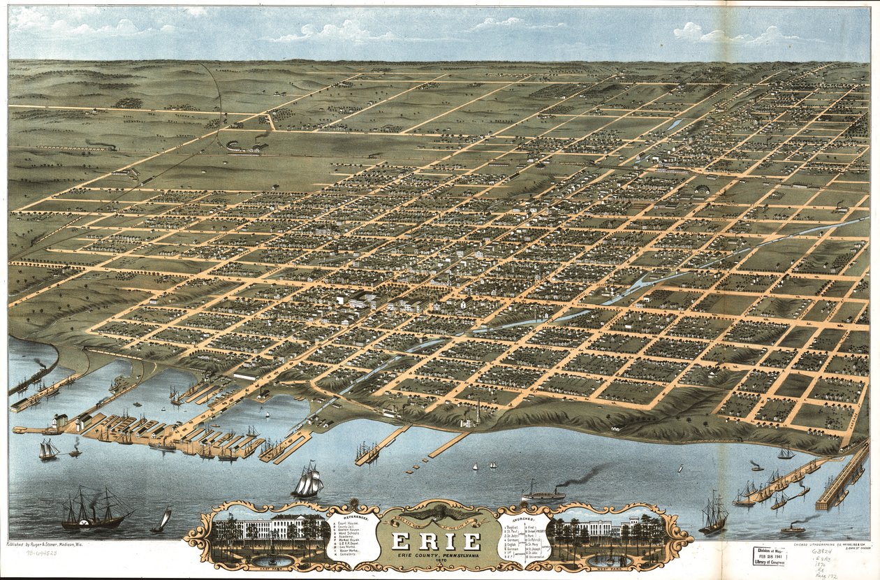 Fågelperspektiv över staden Erie, Erie County, Pennsylvania 1870. av A. Chicago Lithographing Co. Ruger and Stoner Ruger