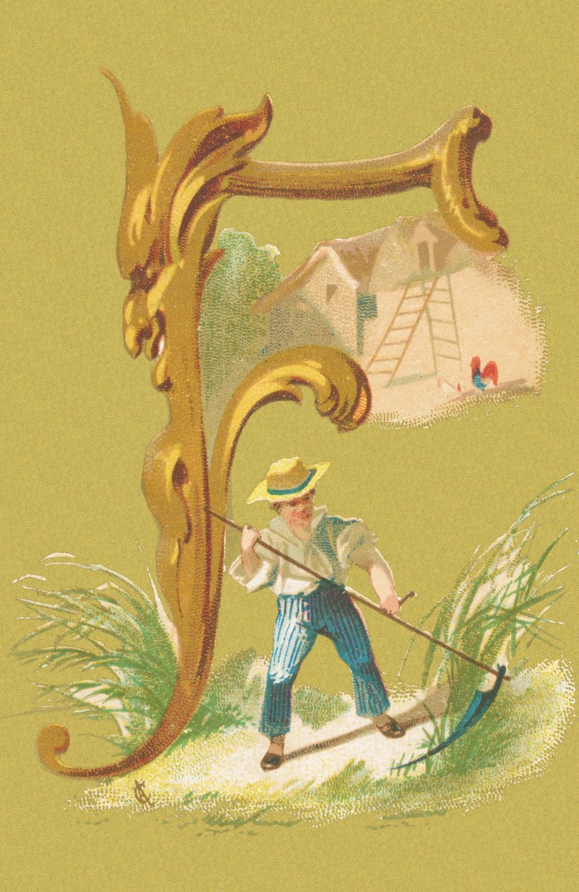 F: gräsklippare, fejk, hö, gård (färg litho) av A. Cordier
