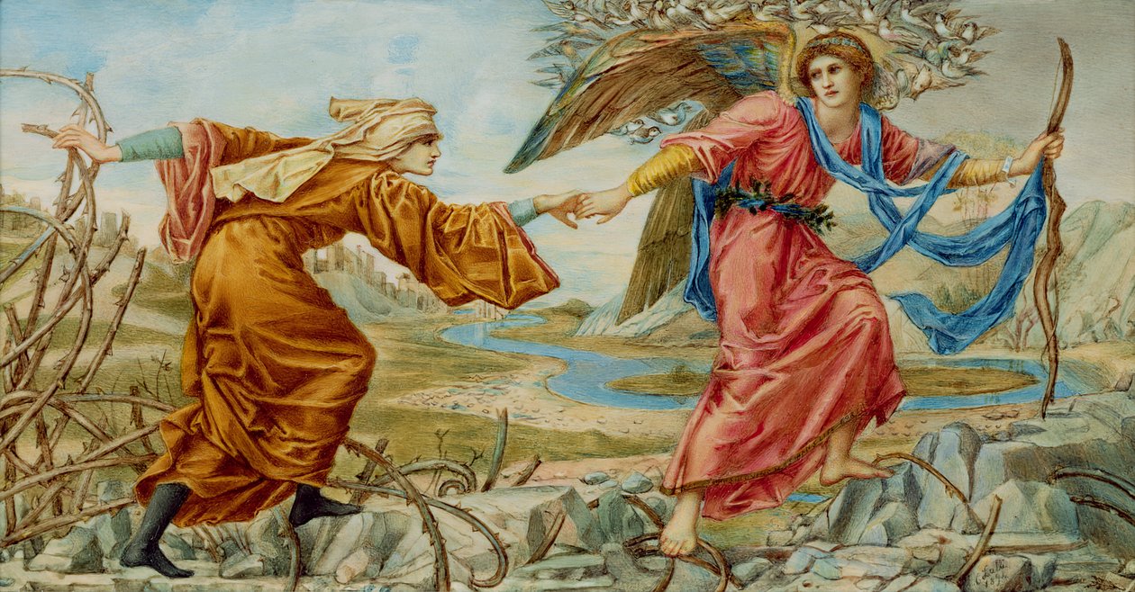 Love Leading the Pilgrim efter Sir E. C. Burne-Jones, 1894 (olja på elfenben) av A. Corsi Lalli