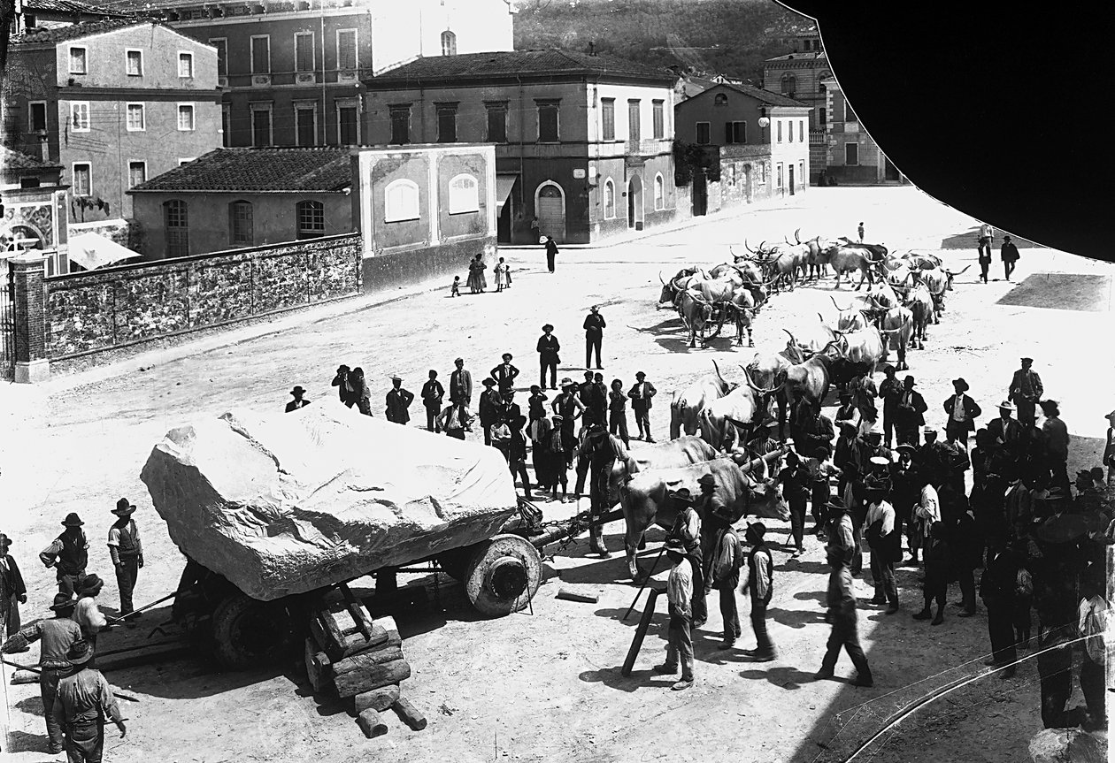 Carrara: många oxar drar en vagn lastad med ett enormt marmorblock som kommer från apuanska stenbrott (s/v foto) av A. Corsini