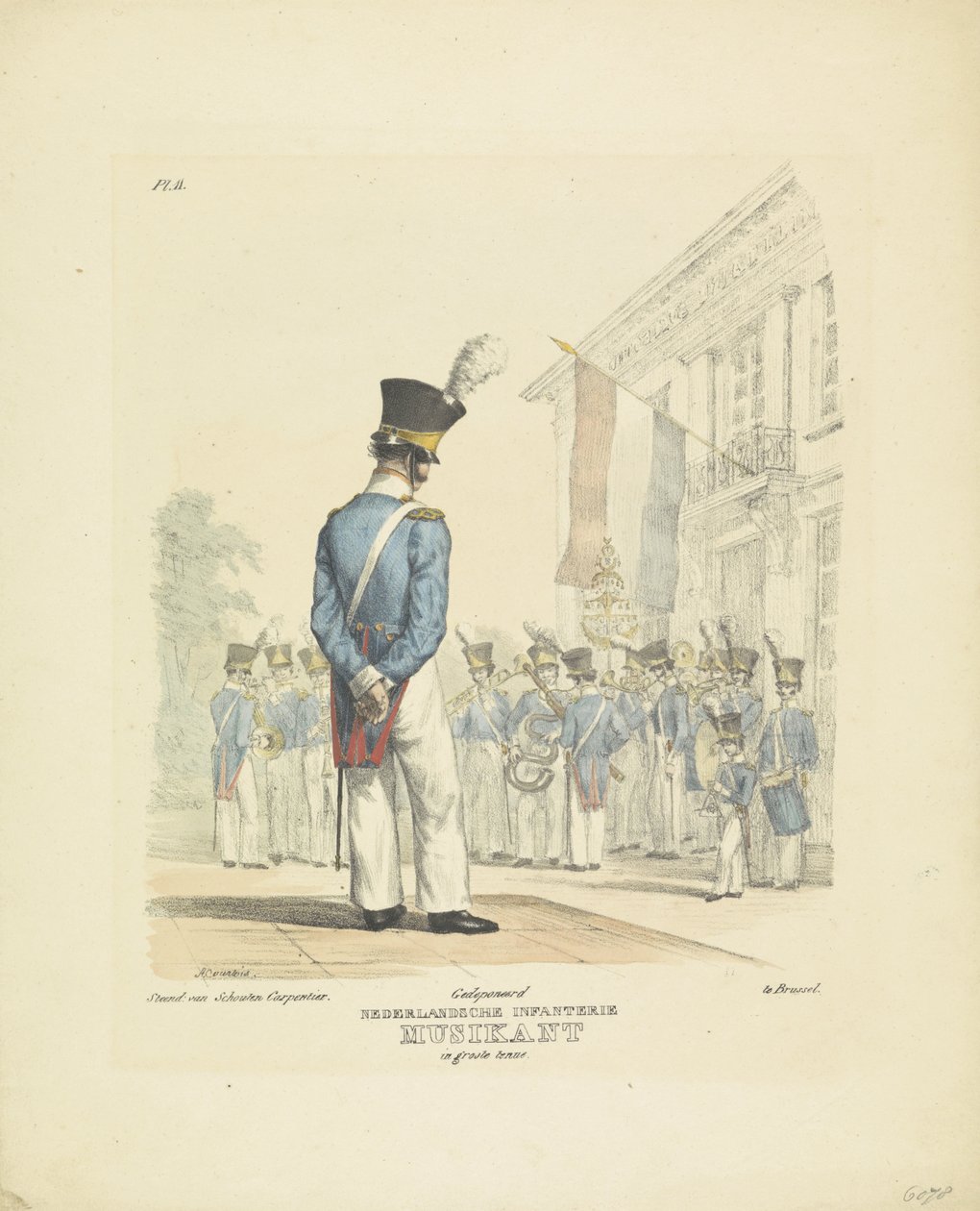 Musiker i full uniform Musiker klädd, 1820-1825 Nederlandsche Infanterie Musikant i stor uniform (titel på objekt) Militära dräkter av kungariket Nederländerna. Tillägnad Hans excellens Willem van Bylandt (serietitel på obj av A. Courtois