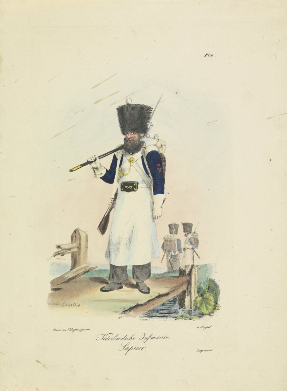 Sappeur, 1820-1825 holländskt infanteri. sapeur (titel på objekt) Militära dräkter av kungariket Nederländerna. Tillägnad Hans Excellence Willem van Bylandt (serietitel på objekt) av A. Courtois