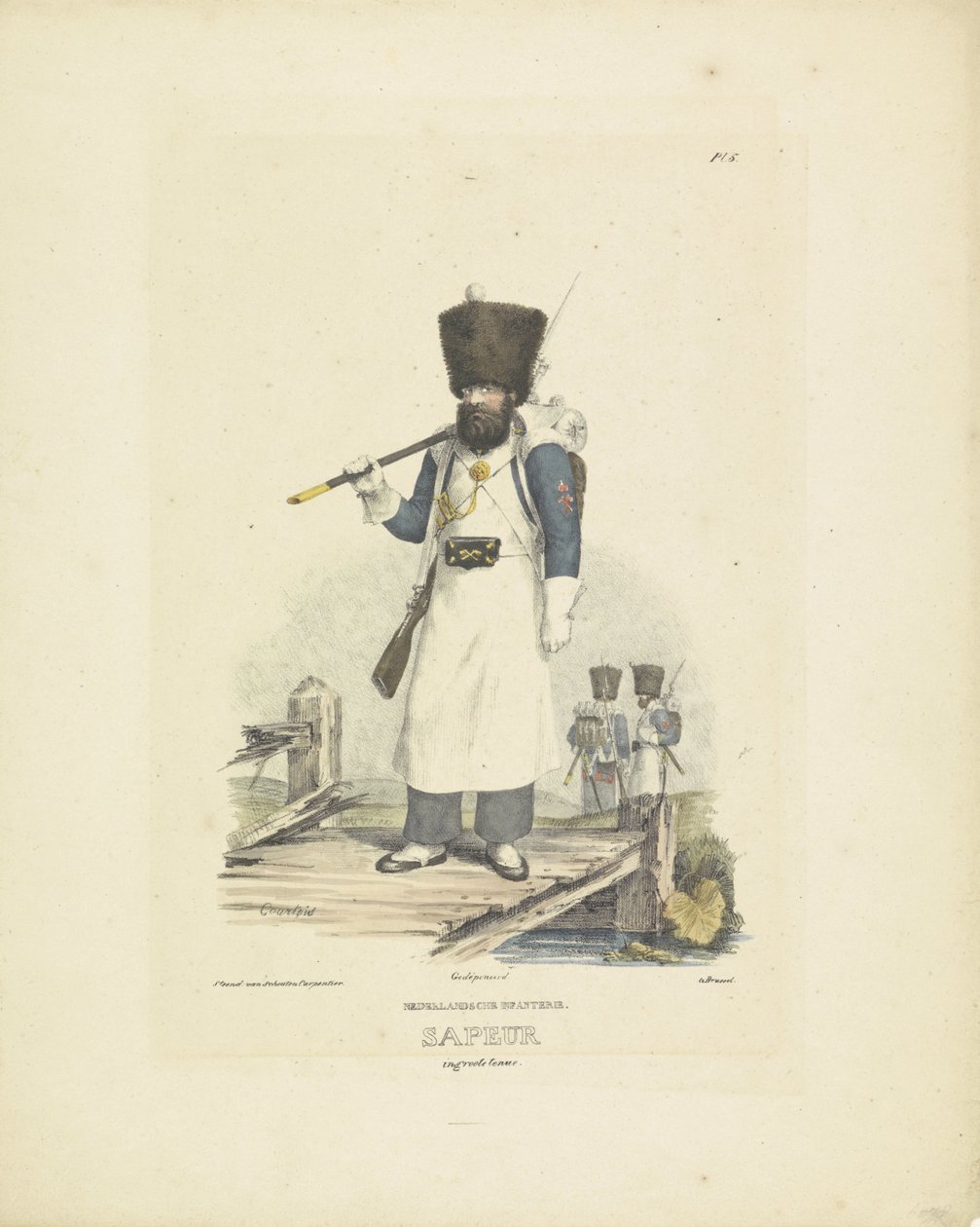 Sappeur i stor uniform, 1820-1825 holländskt infanteri. Sapeur i stor outfit (titel på objekt) Militära dräkter av kungariket Nederländerna. Tillägnad Hans Excellence Willem van Bylandt (serietitel på objekt) av A. Courtois