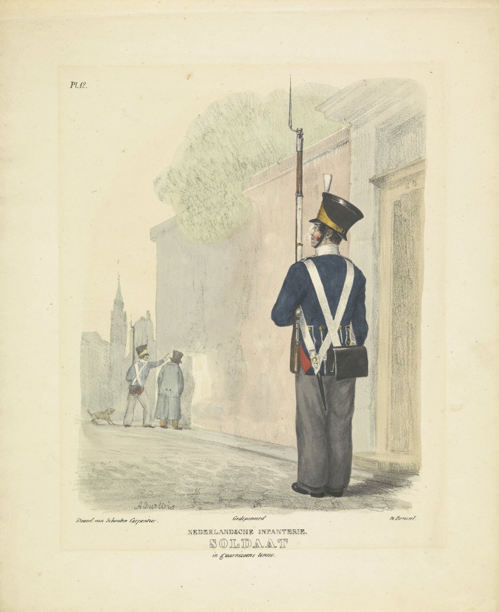 Soldat i garnisonsklänning, 1820-1825 holländskt infanteri. Soldat i guarnisuniform (titel på föremål) Militära dräkter av kungariket Nederländerna. Tillägnad Hans Excellence Willem van Bylandt (serietitel på objekt) av A. Courtois