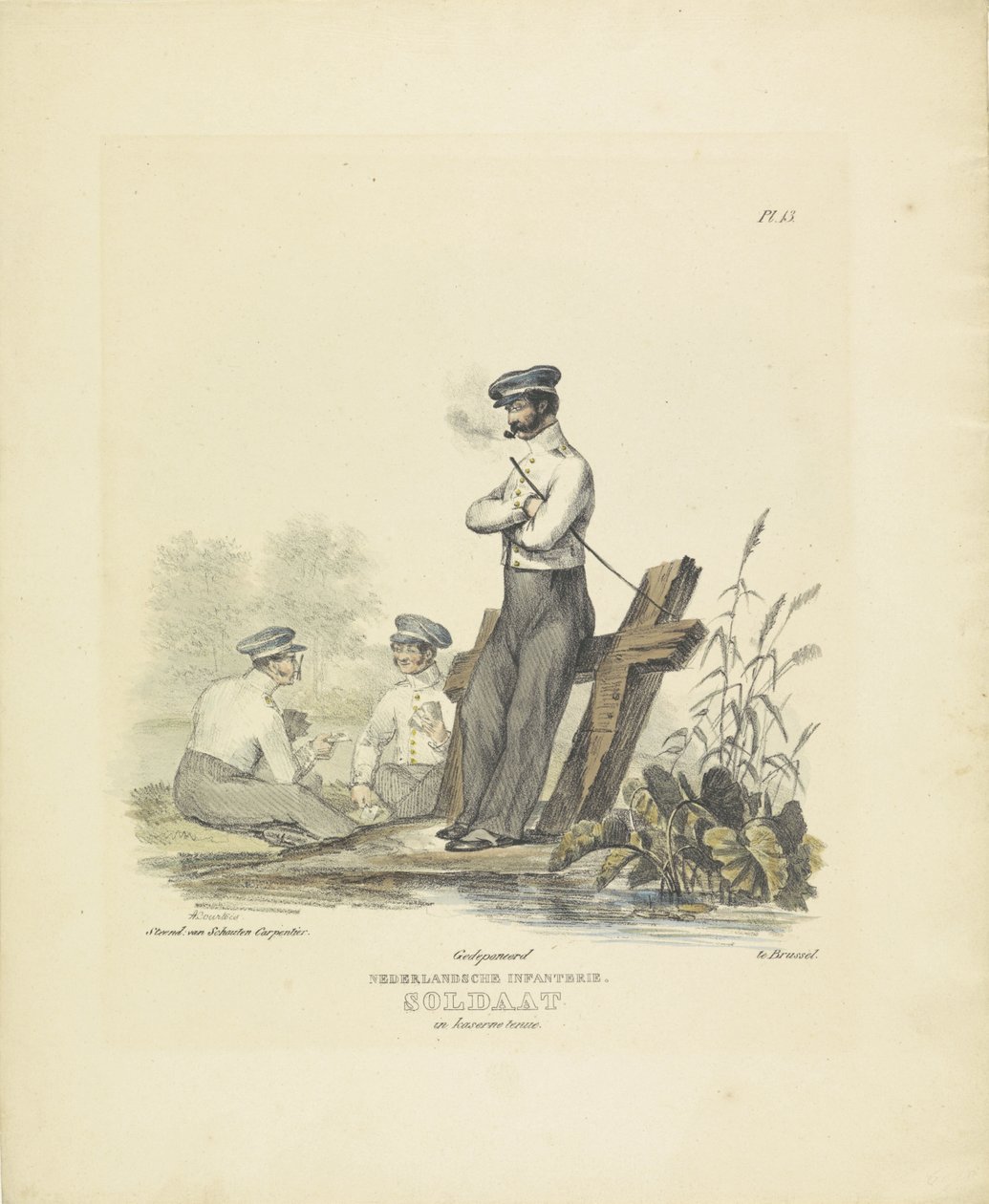 Soldat i barackuniform, 1820-1825 holländskt infanteri. Soldat i Kaserne-dräkt (titel på objekt) Militära dräkter av kungariket Nederländerna. Tillägnad Hans Excellence Willem van Bylandt (serietitel på objekt) av A. Courtois