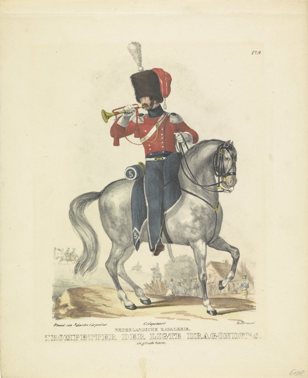Trumpetare i full uniform Trumpetare i stor uniform, 1820-1825 holländskt kavalleri. Ligte dragonernas trumpetare. i full uniform (titel på föremål) Militära dräkter av kungariket Nederländerna. Tillägnad hans excellens William av B av A. Courtois